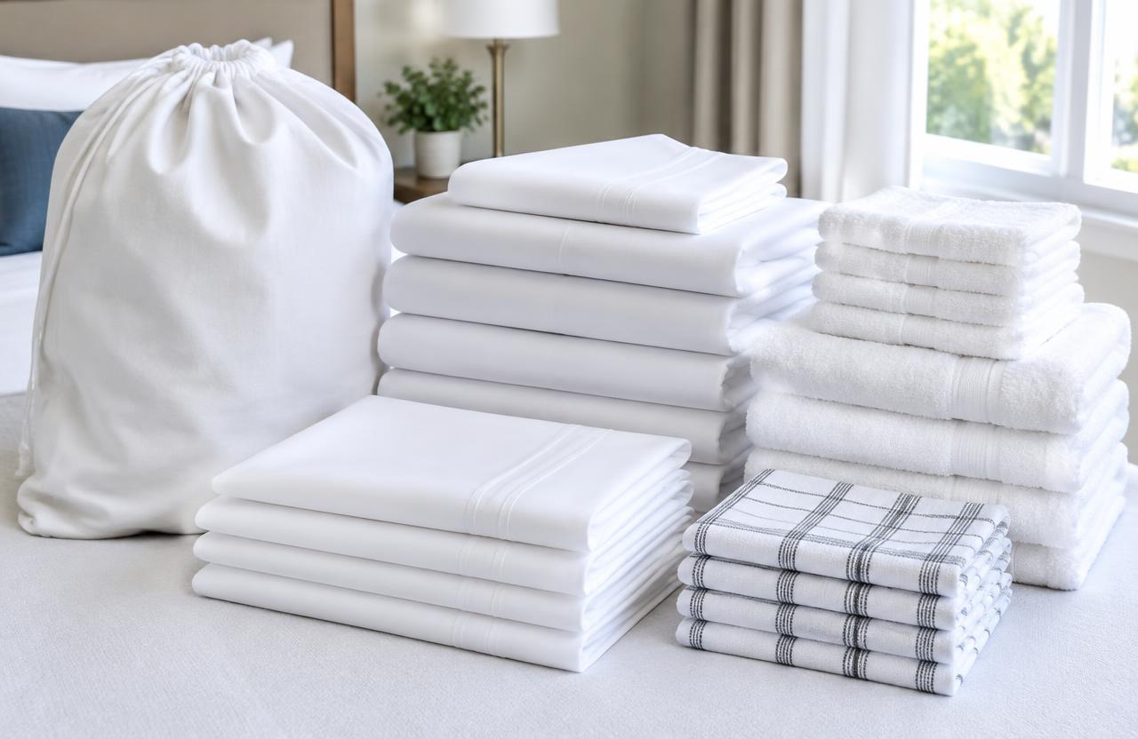 Folded sheet sets, towels and kitchen towels ready for a rental turnover