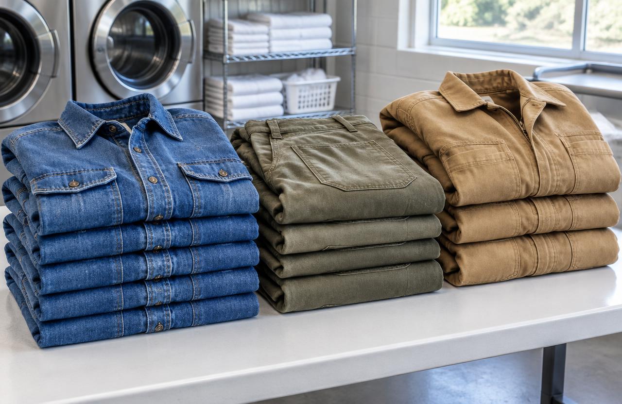 Folded denim work shirts, canvas pants and coveralls, laundered — Yuba City