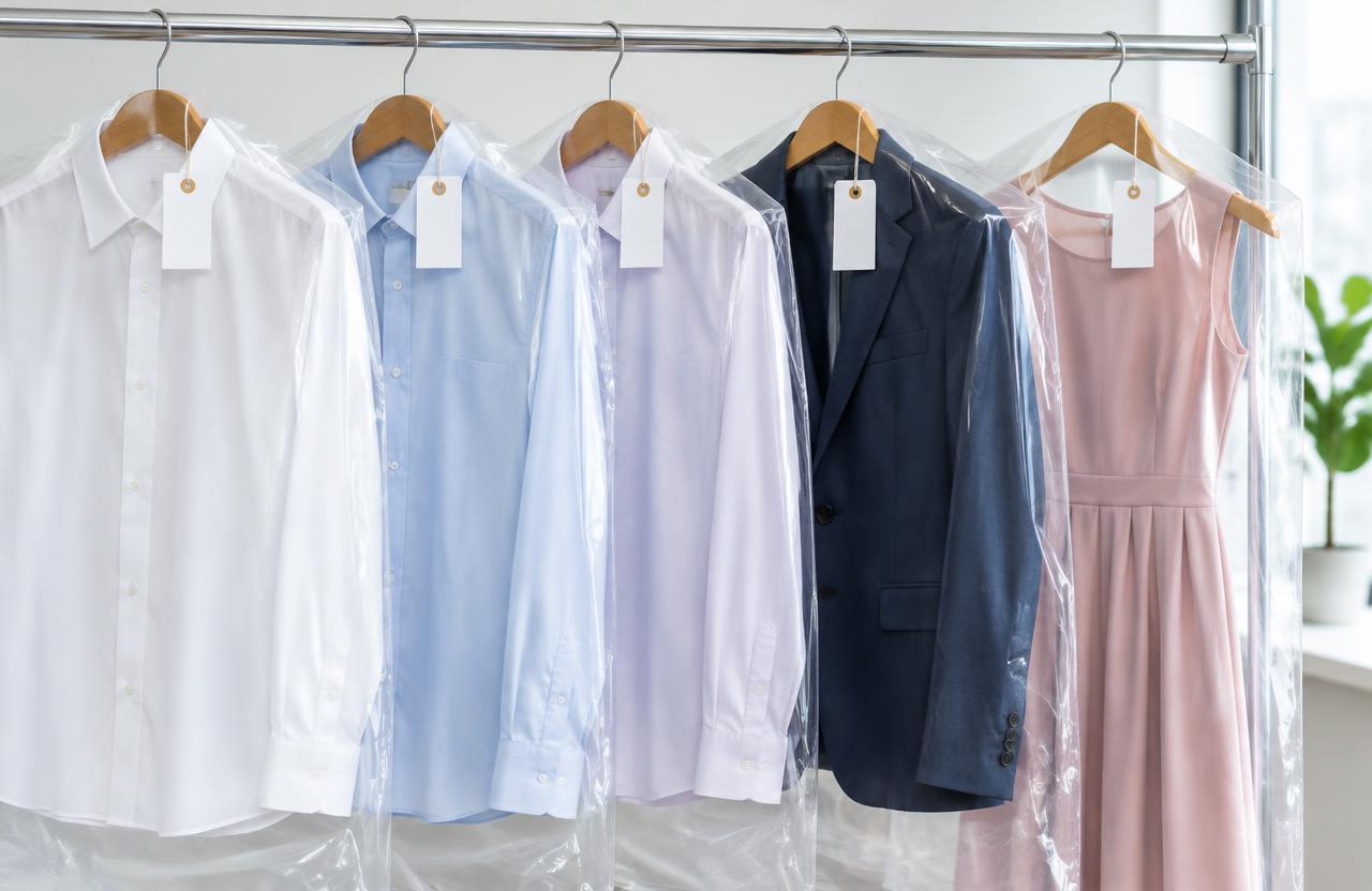 Finished garments on hangers in garment bags with order tags