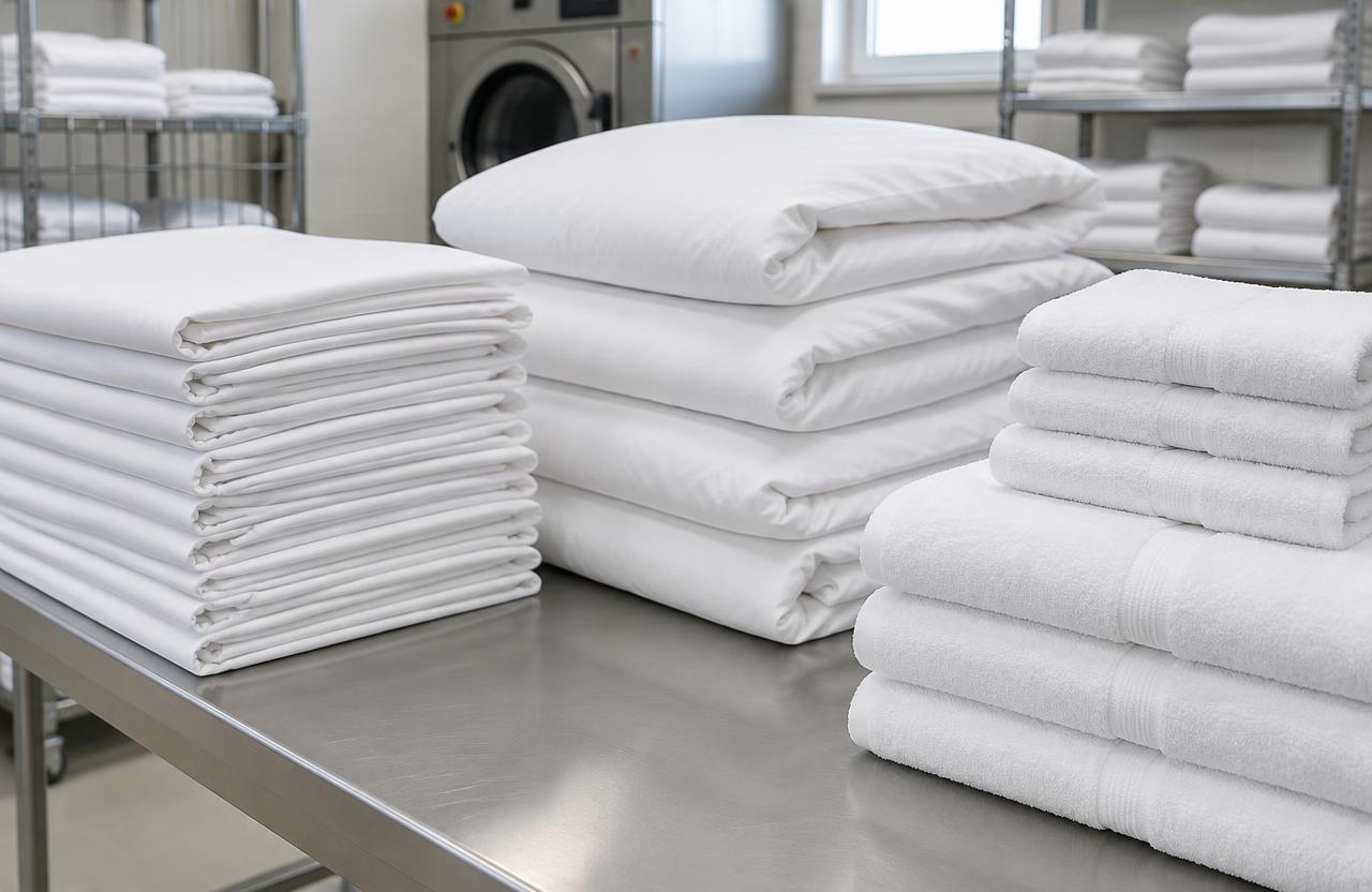 Stacked hotel sheets, duvet covers and bath towels, laundered — Marysville