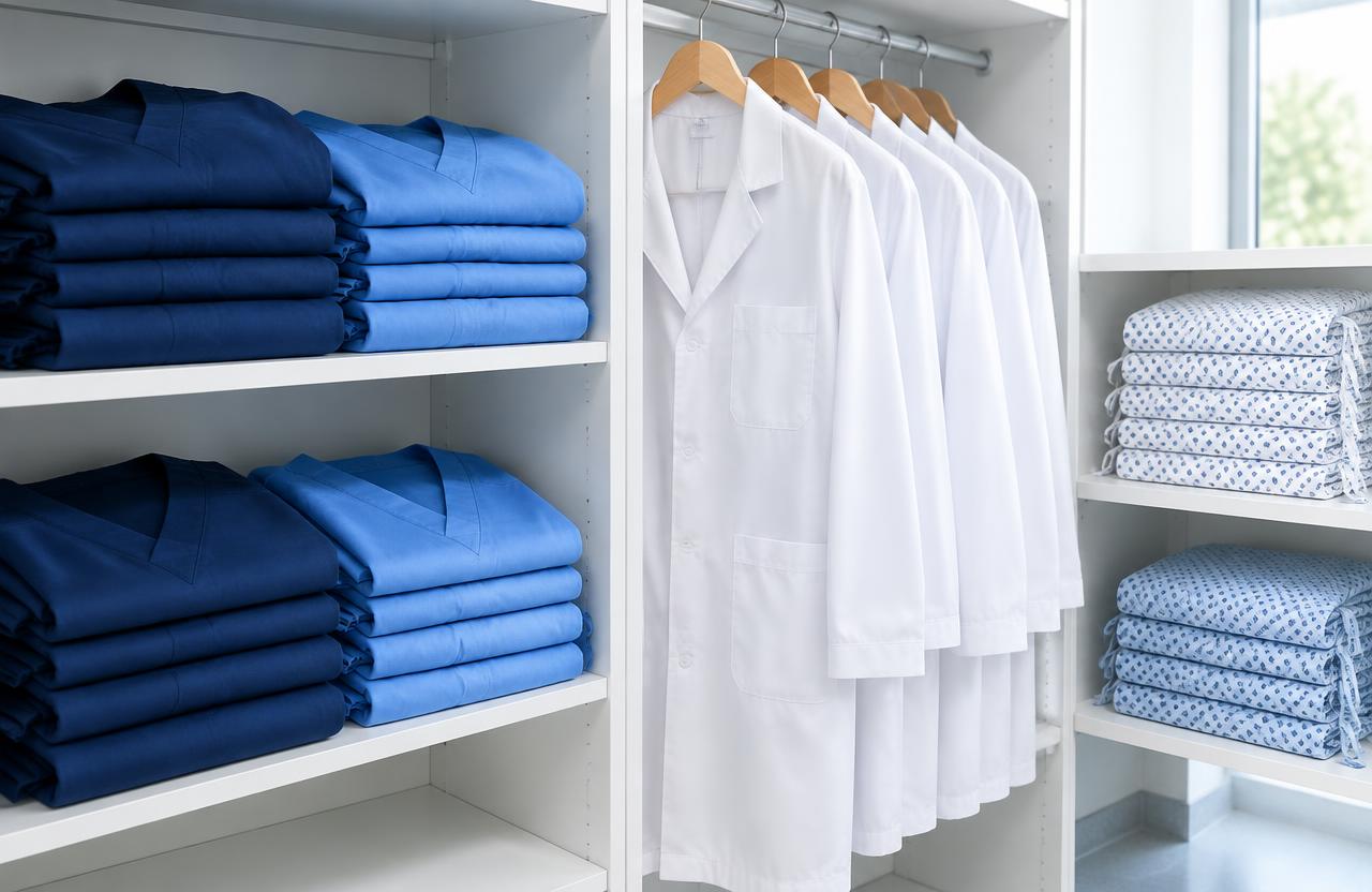 Folded scrubs, white lab coats and patient gowns, laundered — Carmichael