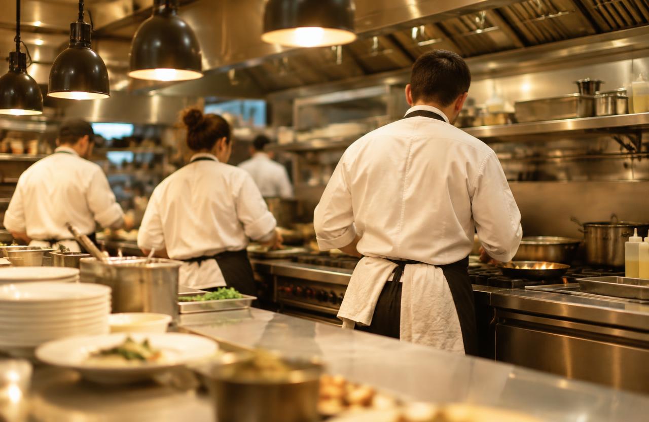 Busy restaurant kitchen with chefs in coats and aprons — restaurant laundry, Marysville