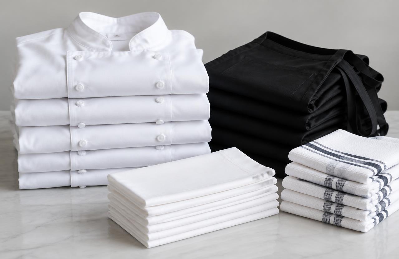 Folded chef coats, aprons, napkins and bar towels, laundered — Marysville