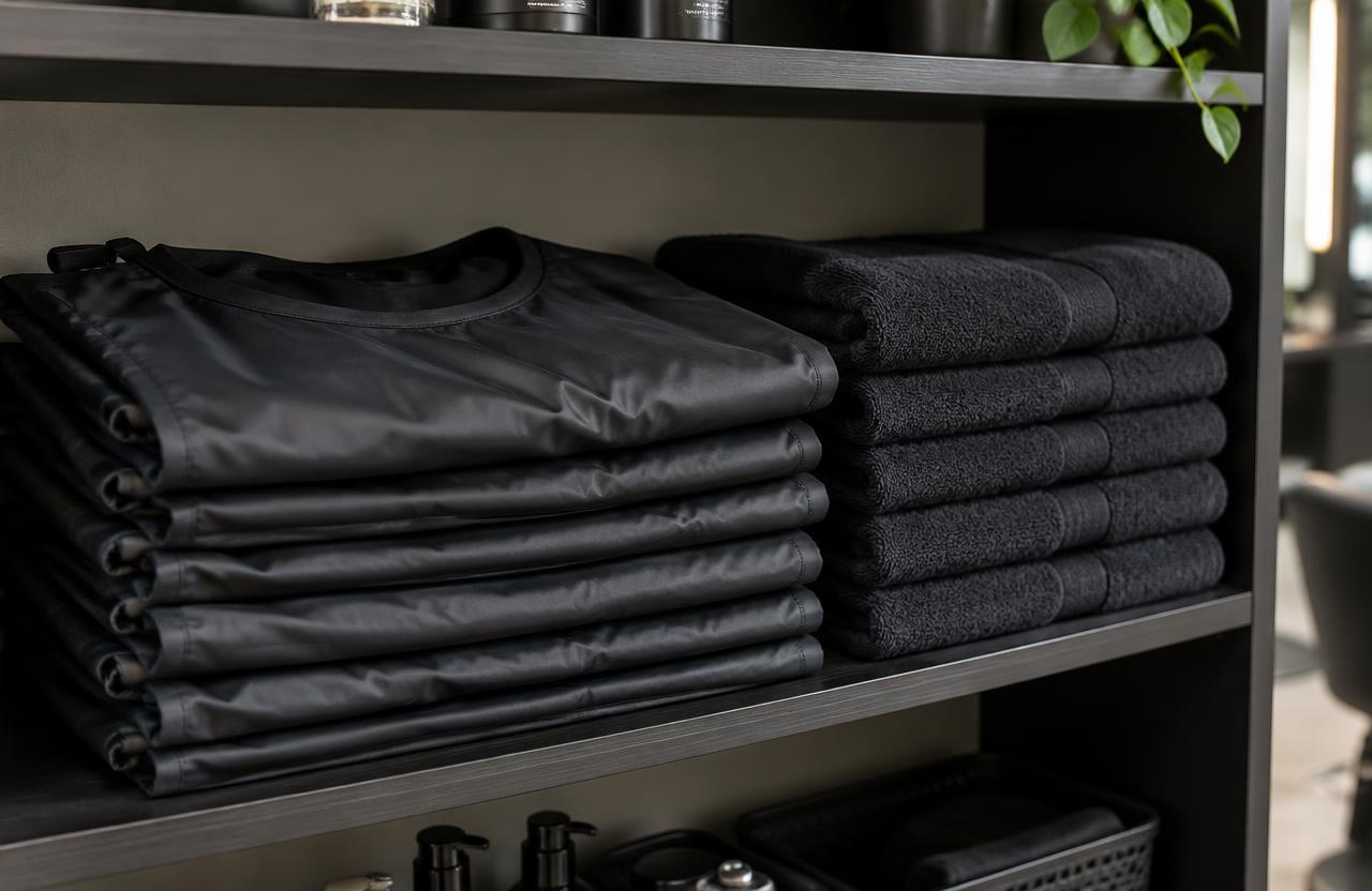 Folded salon capes and dark towels, laundered — Marysville