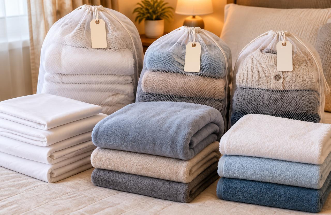 Tagged laundry bags, folded sheets, blankets and towels — senior care laundry, Carmichael