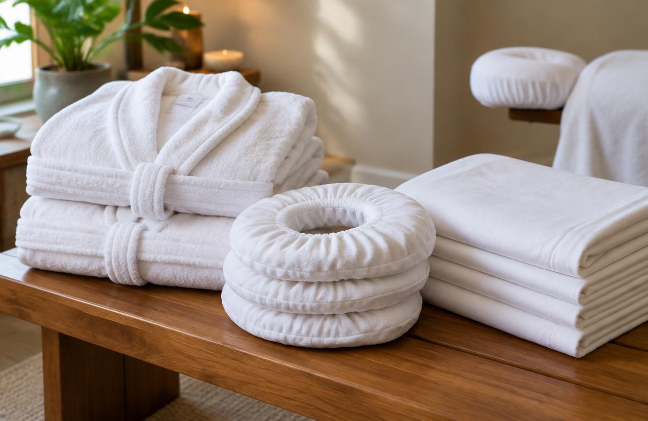 Folded spa robes, face-cradle covers and massage sheets — spa laundry, Carmichael